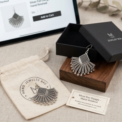 Bold Oxidised Silver Fan-Shaped Statement Earrings
