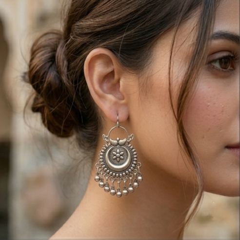 Traditional Oxidised Floral Ghungroo Earrings