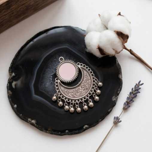 Vintage Oxidised Crescent Mirror Chandbali Earrings