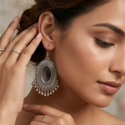 Royal Oxidised Oval Mirror Statement Earrings