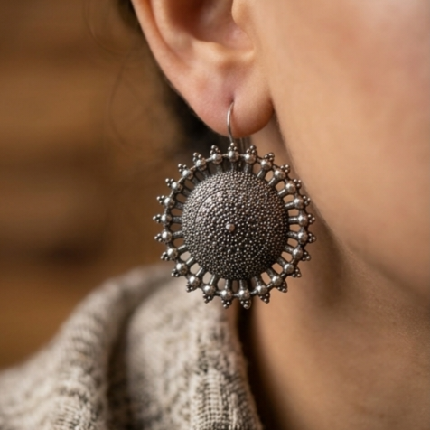 Statement Oxidised Silver Tribal Dome Earrings
