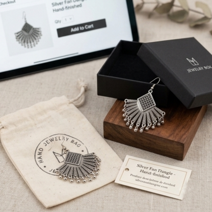 Bold Oxidised Silver Fan-Shaped Statement Earrings