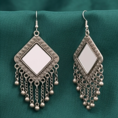 Elegant Oxidised Square Mirror Ghungroo Earrings