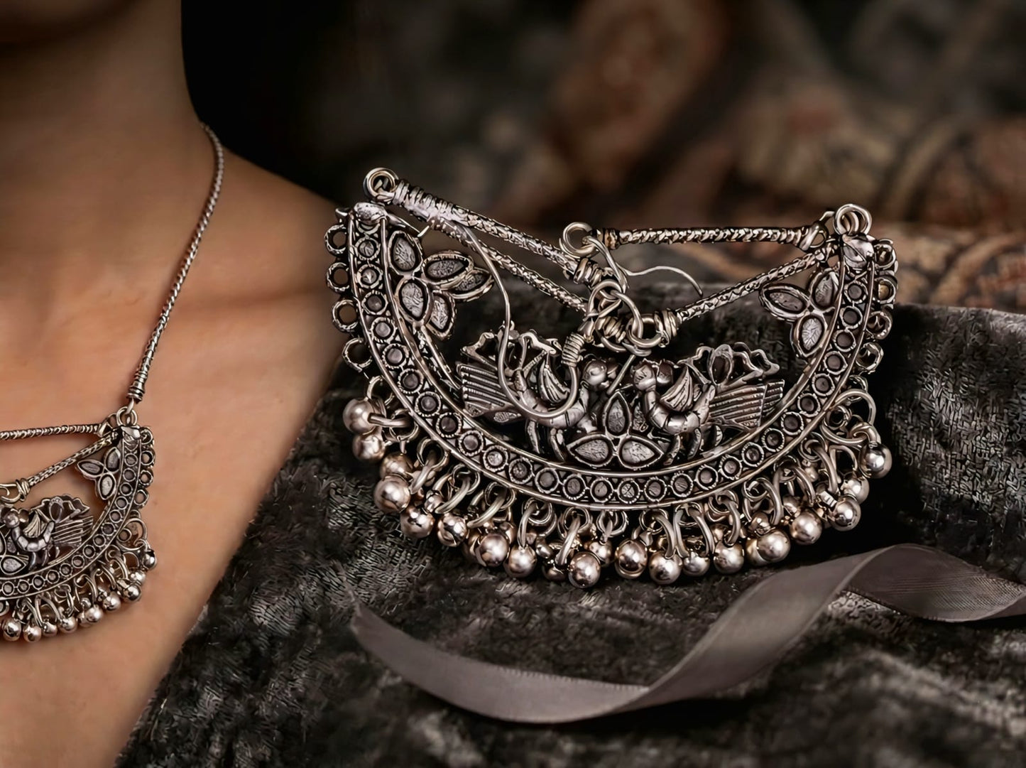 Elegant Oxidised Silver Chandbali Jhumka Earrings