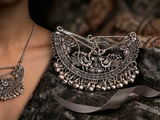 Elegant Oxidised Silver Chandbali Jhumka Earrings
