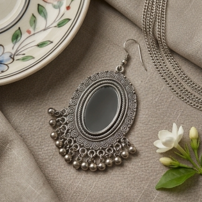 Royal Oxidised Oval Mirror Statement Earrings
