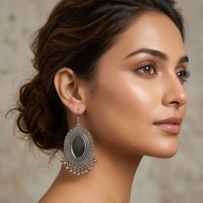 Royal Oxidised Oval Mirror Statement Earrings