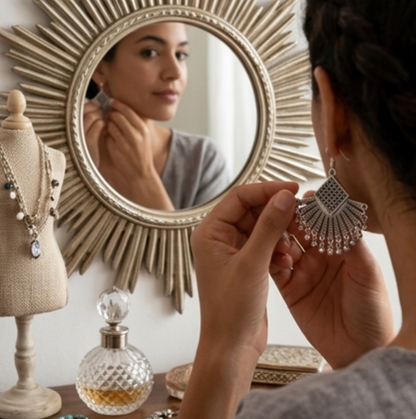 Bold Oxidised Silver Fan-Shaped Statement Earrings