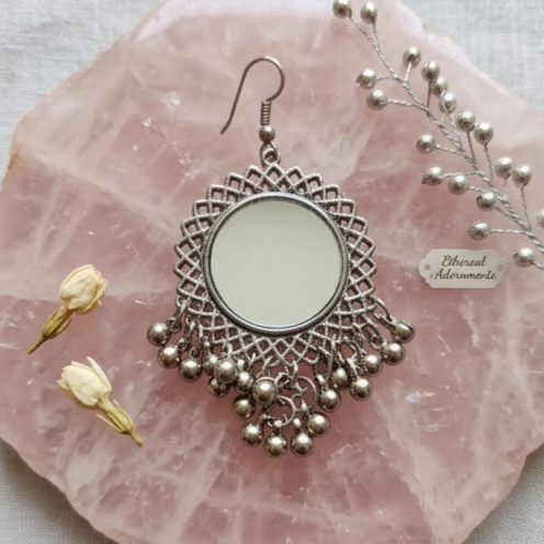 Boho Oxidised Mirror Chandbali Earrings
