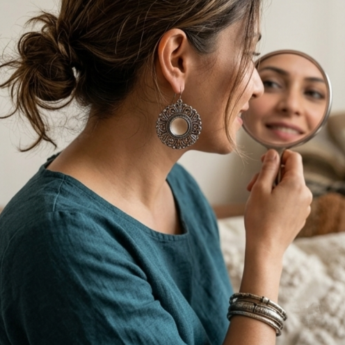 Royal Oxidised Floral Mirror Statement Earrings