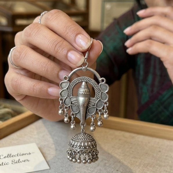 Bold Oxidised Silver Elephant Statement Earrings