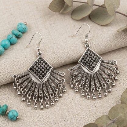 Bold Oxidised Silver Fan-Shaped Statement Earrings