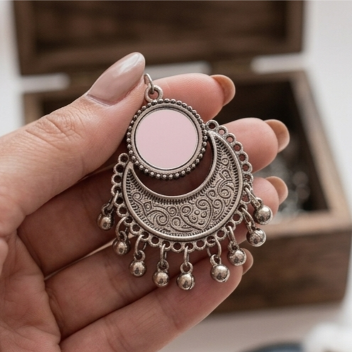 Vintage Oxidised Crescent Mirror Chandbali Earrings