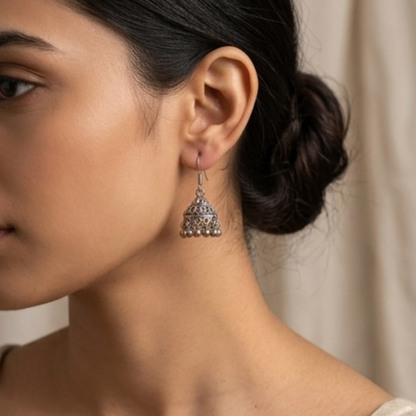Minimal Oxidised Jhumki Drop Earrings