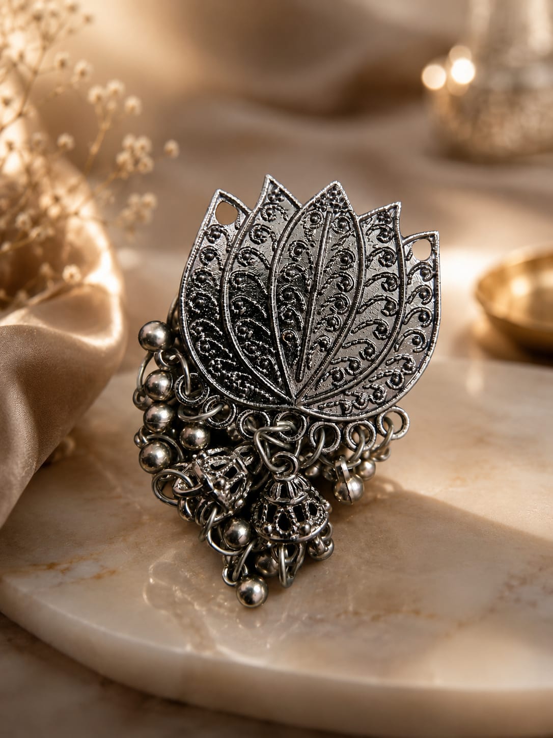 Elegant Oxidised Lotus Statement Earrings