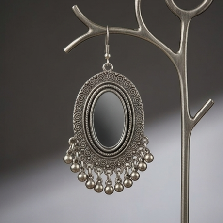 Royal Oxidised Oval Mirror Statement Earrings