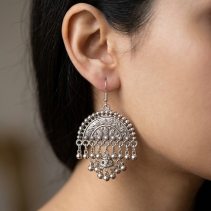 Festive Oxidised Silver Dome Chandbali Earrings