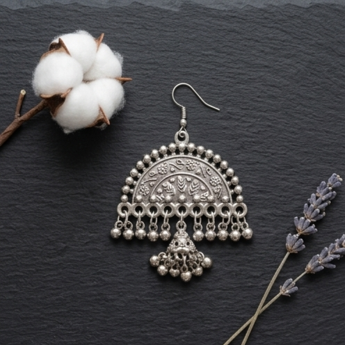 Festive Oxidised Silver Dome Chandbali Earrings