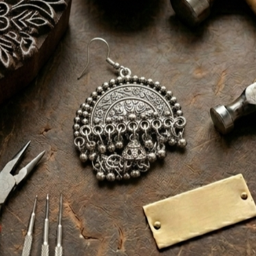 Festive Oxidised Silver Dome Chandbali Earrings