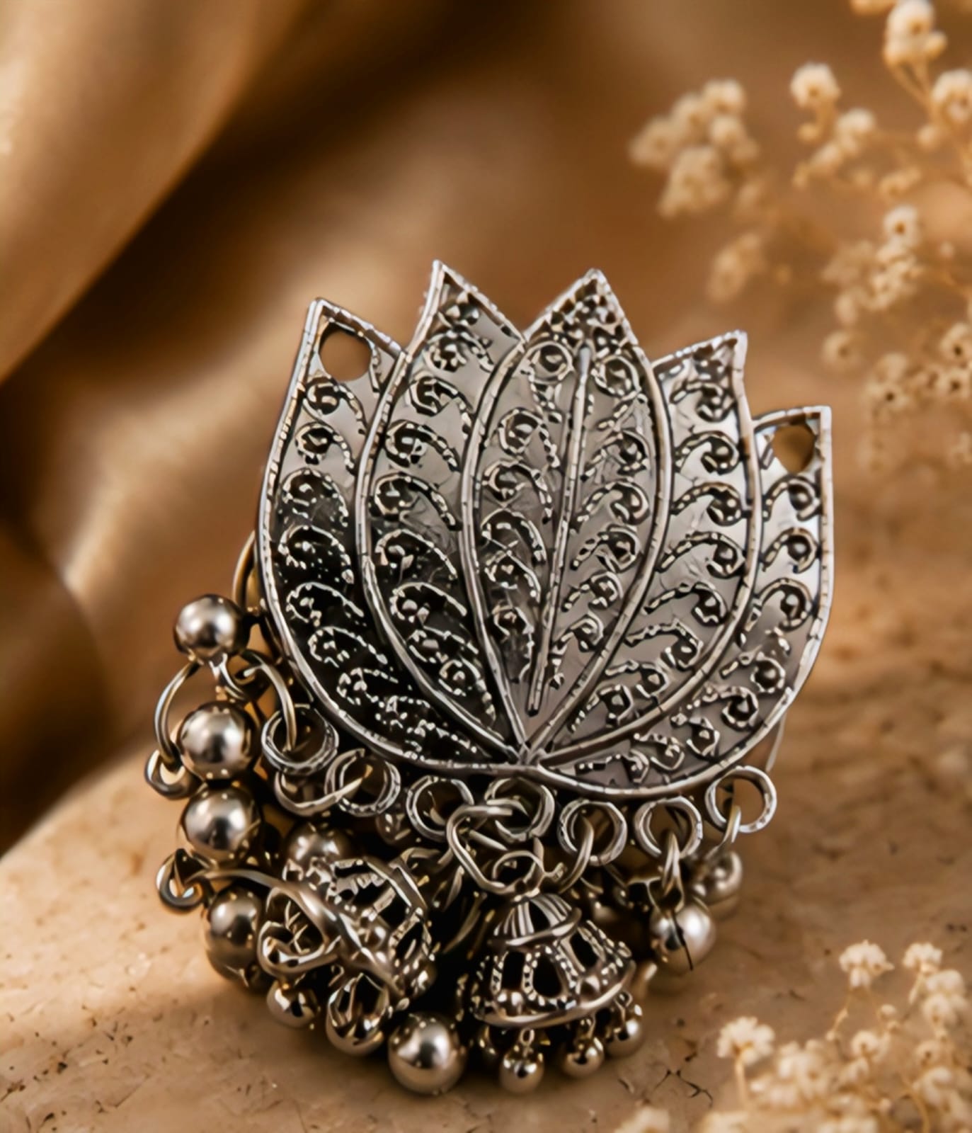 Elegant Oxidised Lotus Statement Earrings