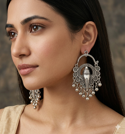 Bold Oxidised Silver Elephant Statement Earrings