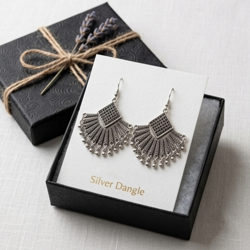 Bold Oxidised Silver Fan-Shaped Statement Earrings
