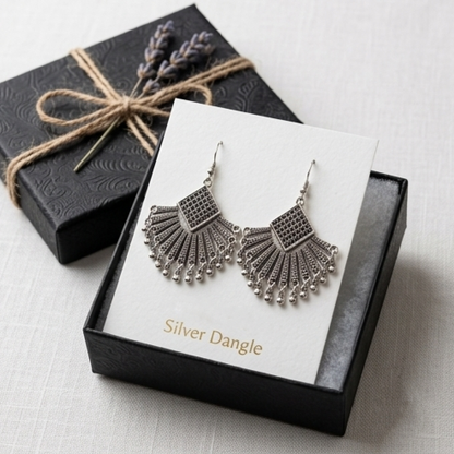 Bold Oxidised Silver Fan-Shaped Statement Earrings