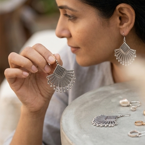 Bold Oxidised Silver Fan-Shaped Statement Earrings