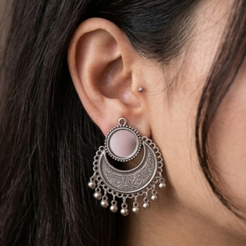 Vintage Oxidised Crescent Mirror Chandbali Earrings