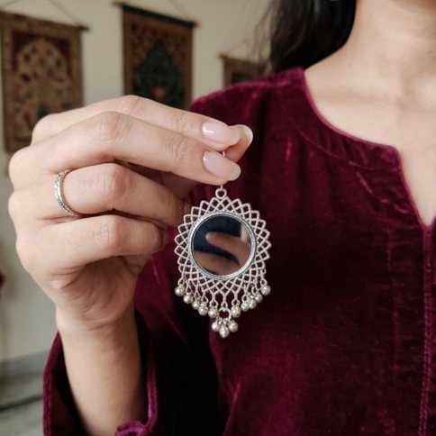 Boho Oxidised Mirror Chandbali Earrings