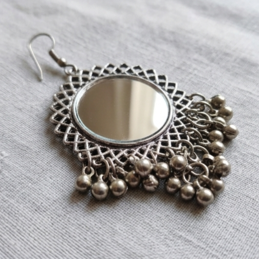 Boho Oxidised Mirror Chandbali Earrings